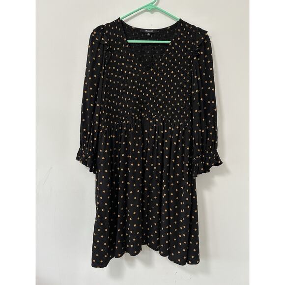 Madewell Women’s Lucie- SZ XS -V-Neck Smocked 3/4 Sleeve Polka Dot Mini Dress - Picture 2 of 9